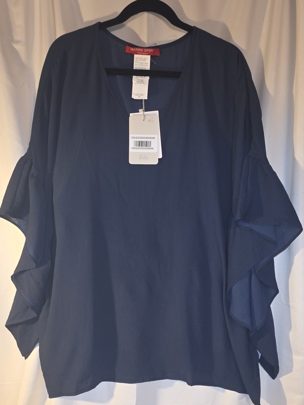 MaxMara-Marina Rinaldi FAUVE Navy Ruffled Sleeve V-Neck Top Size 16 Oversized